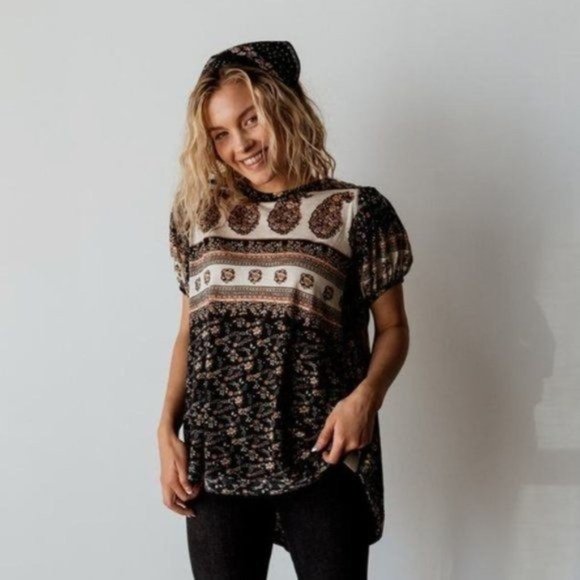 Free People Boho Paisley Puff Sleeve Top - Picture 7 of 8